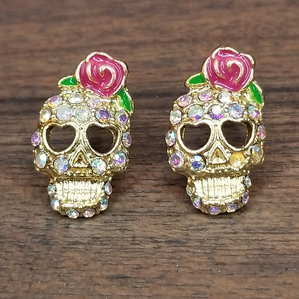 Gold iridescent jeweled sugar skull earrings